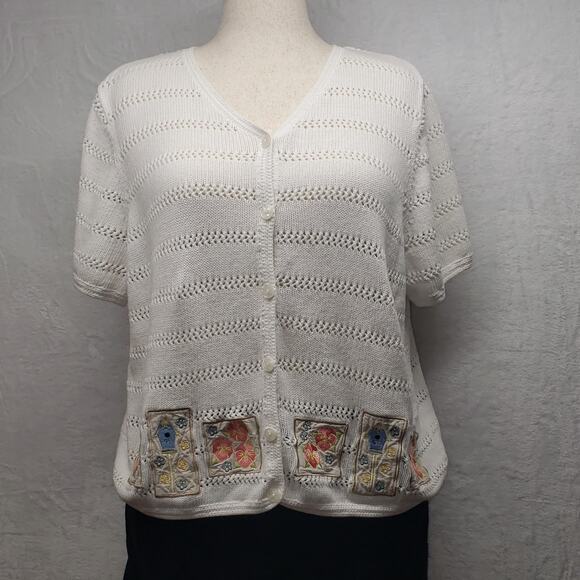 C J Banks White Birdhouse patchwork Sweater 2X Plus Sz Loop Knit Y2K Cottagecore - Picture 1 of 12